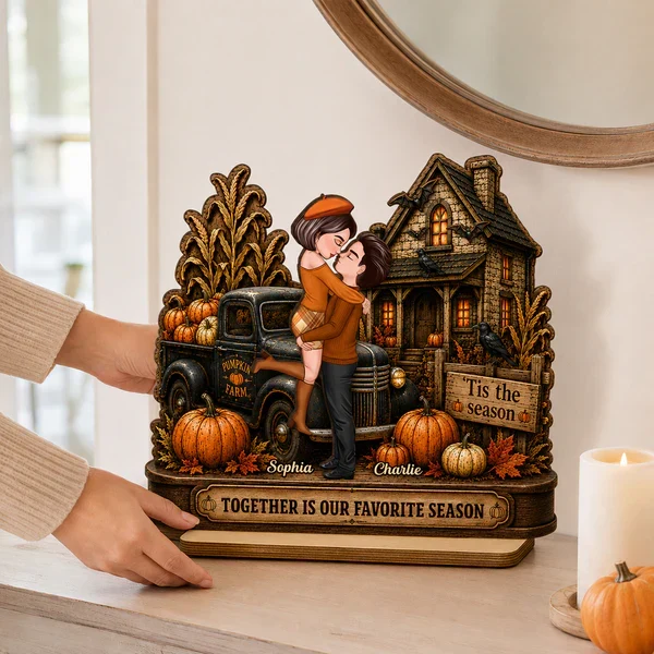 Personalized 2-Layer Wooden Plaque, Fall Couple Hugging at Haunted House, Unique Gift for Couple - Image 7