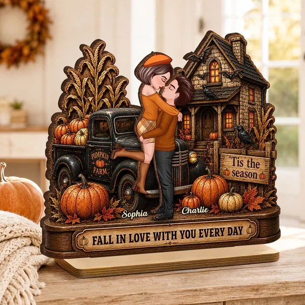 Personalized 2-Layer Wooden Plaque, Fall Couple Hugging at Haunted House, Unique Gift for Couple - Image 8