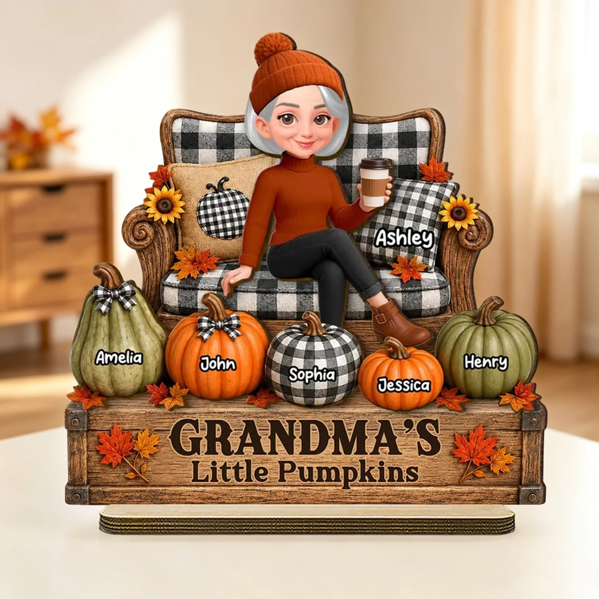 Personalized 2-Layer Wooden Plaque, Seated Grandma & Little Pumpkins Fall Decor, Unique Gift for Grandma