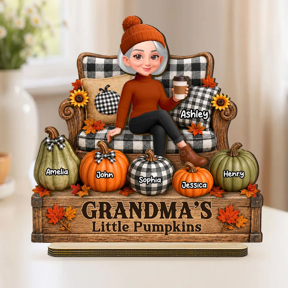 Personalized 2-Layer Wooden Plaque, Seated Grandma & Little Pumpkins Fall Decor, Unique Gift for Grandma - Image 2