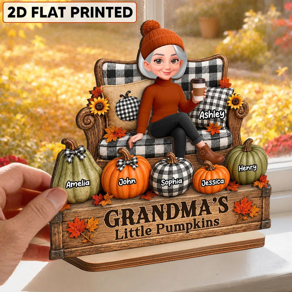Personalized 2-Layer Wooden Plaque, Seated Grandma & Little Pumpkins Fall Decor, Unique Gift for Grandma - Image 3