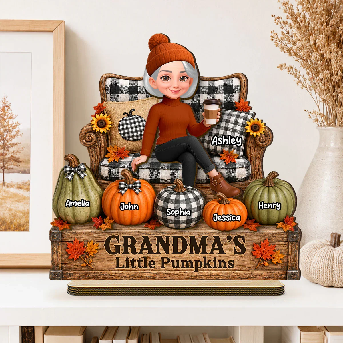 Personalized 2-Layer Wooden Plaque, Seated Grandma & Little Pumpkins Fall Decor, Unique Gift for Grandma - Image 5