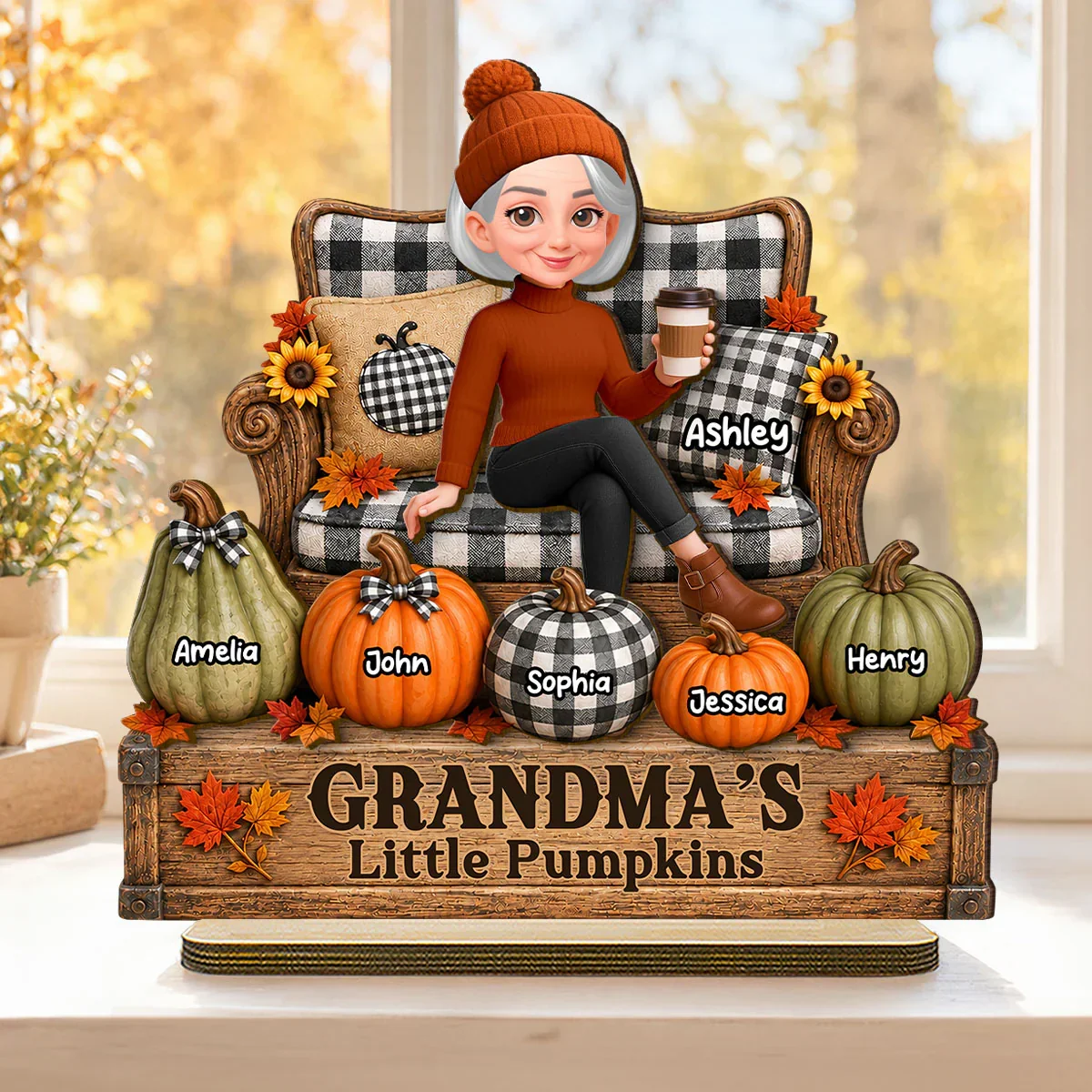 Personalized 2-Layer Wooden Plaque, Seated Grandma & Little Pumpkins Fall Decor, Unique Gift for Grandma - Image 6