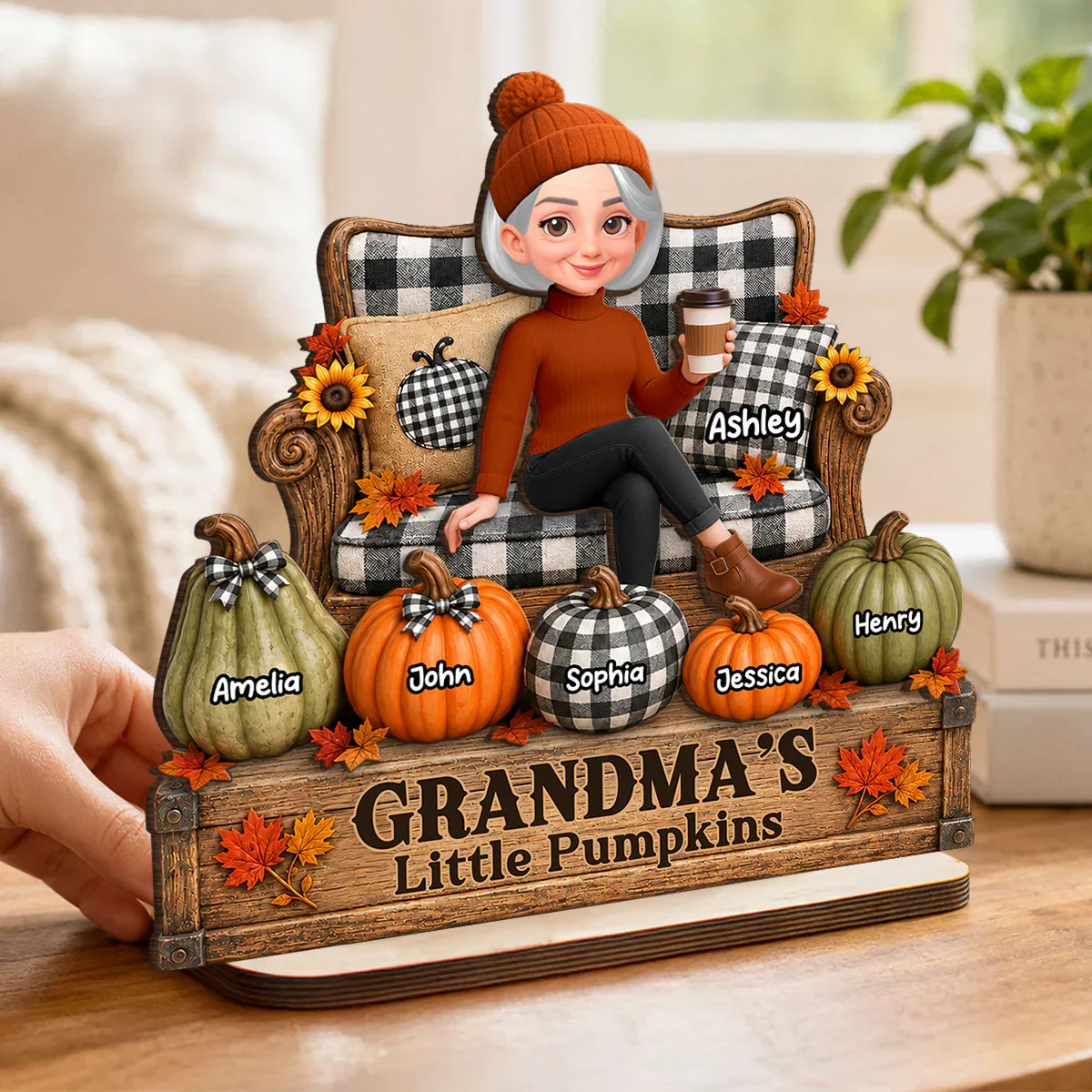 Personalized 2-Layer Wooden Plaque, Seated Grandma & Little Pumpkins Fall Decor, Unique Gift for Grandma - Image 7