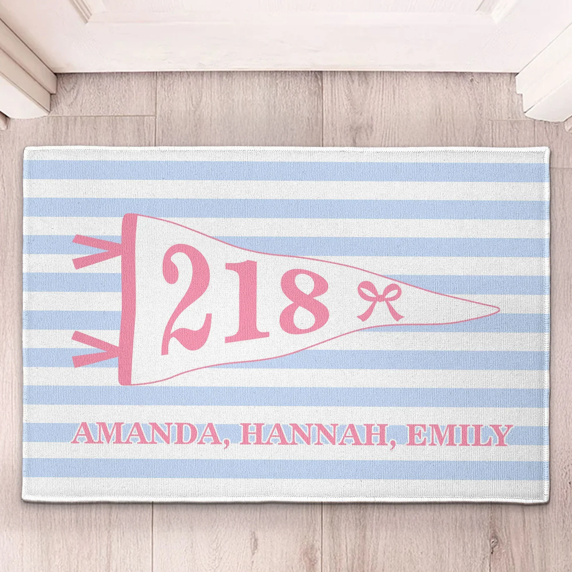 Personalized Doormat With Pastel Blue Stripes & Pink Pennant, Creative Gift For Dorm Room Entry - Image 2