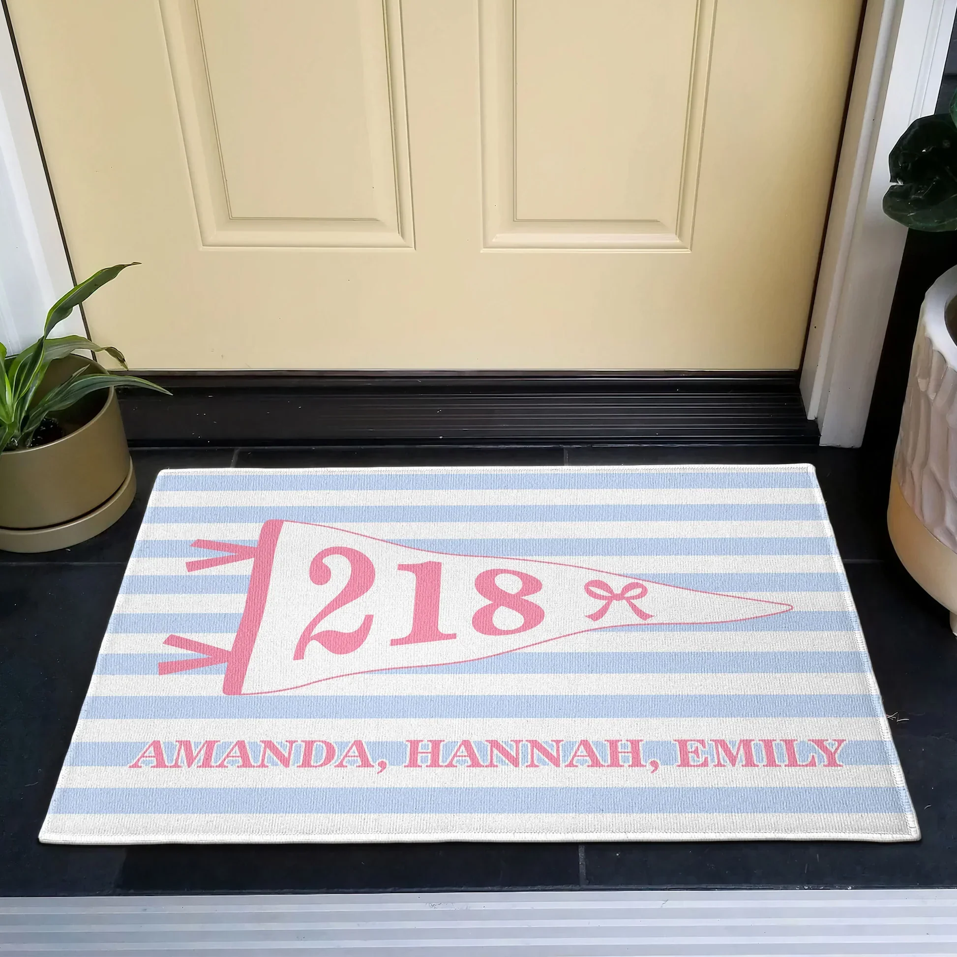 Personalized Doormat With Pastel Blue Stripes & Pink Pennant, Creative Gift For Dorm Room Entry - Image 3