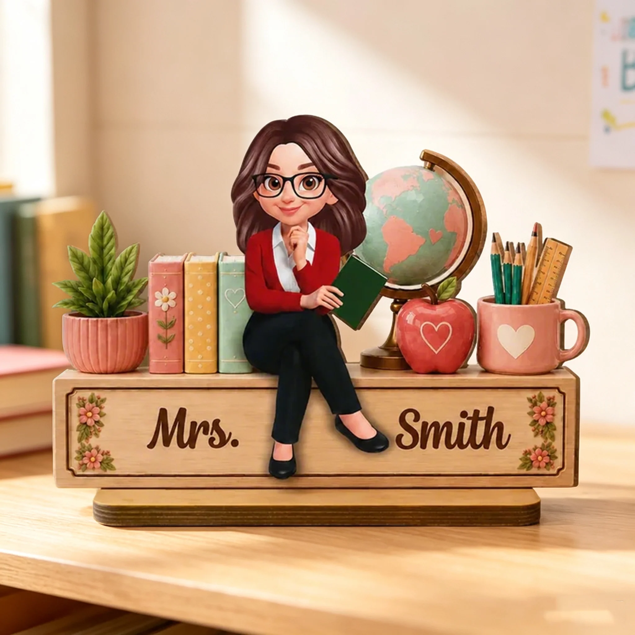 Personalized Wooden Plaque with Sitting Teacher, Books & Globe, Unique Gift for Teacher Desk Display