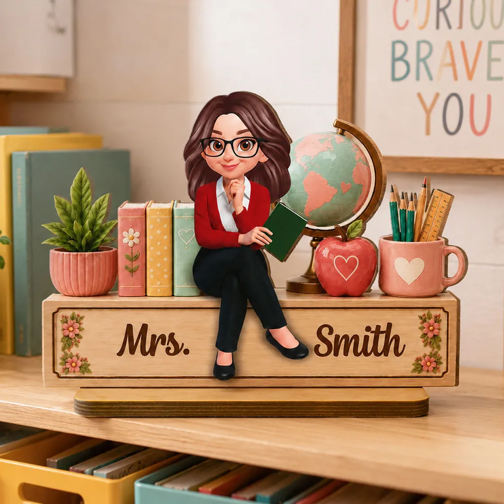 Personalized Wooden Plaque with Sitting Teacher, Books & Globe, Unique Gift for Teacher Desk Display - Image 2