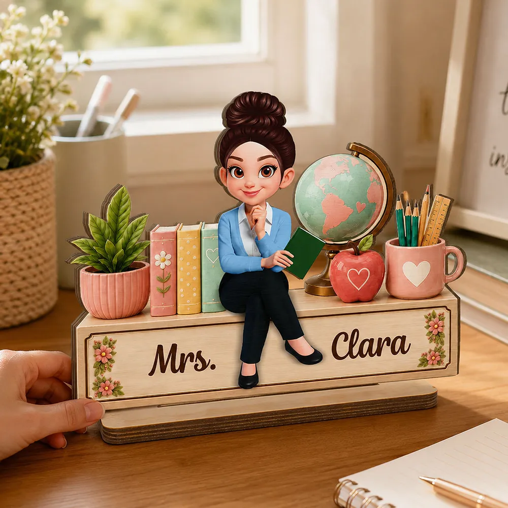 Personalized Wooden Plaque with Sitting Teacher, Books & Globe, Unique Gift for Teacher Desk Display - Image 3