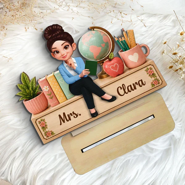 Personalized Wooden Plaque with Sitting Teacher, Books & Globe, Unique Gift for Teacher Desk Display - Image 6