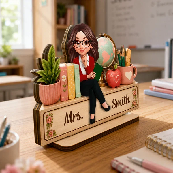 Personalized Wooden Plaque with Sitting Teacher, Books & Globe, Unique Gift for Teacher Desk Display - Image 8