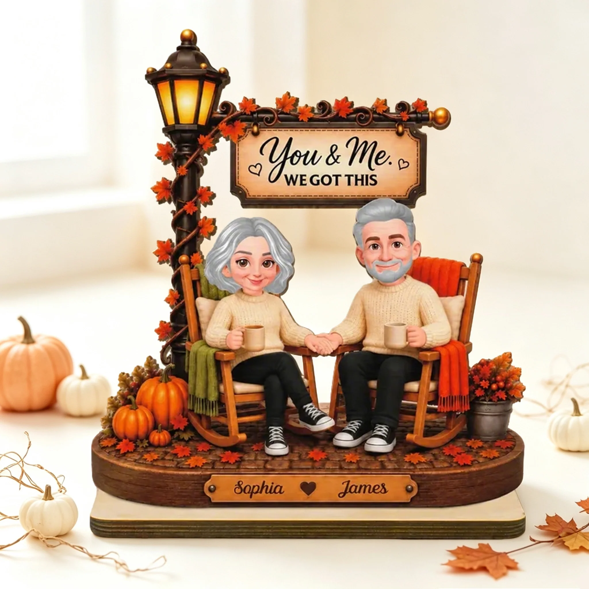 Personalized Wooden Plaque, Senior Couple Holding Hands Under Lamp Post, Unique Creative Gift for Couple