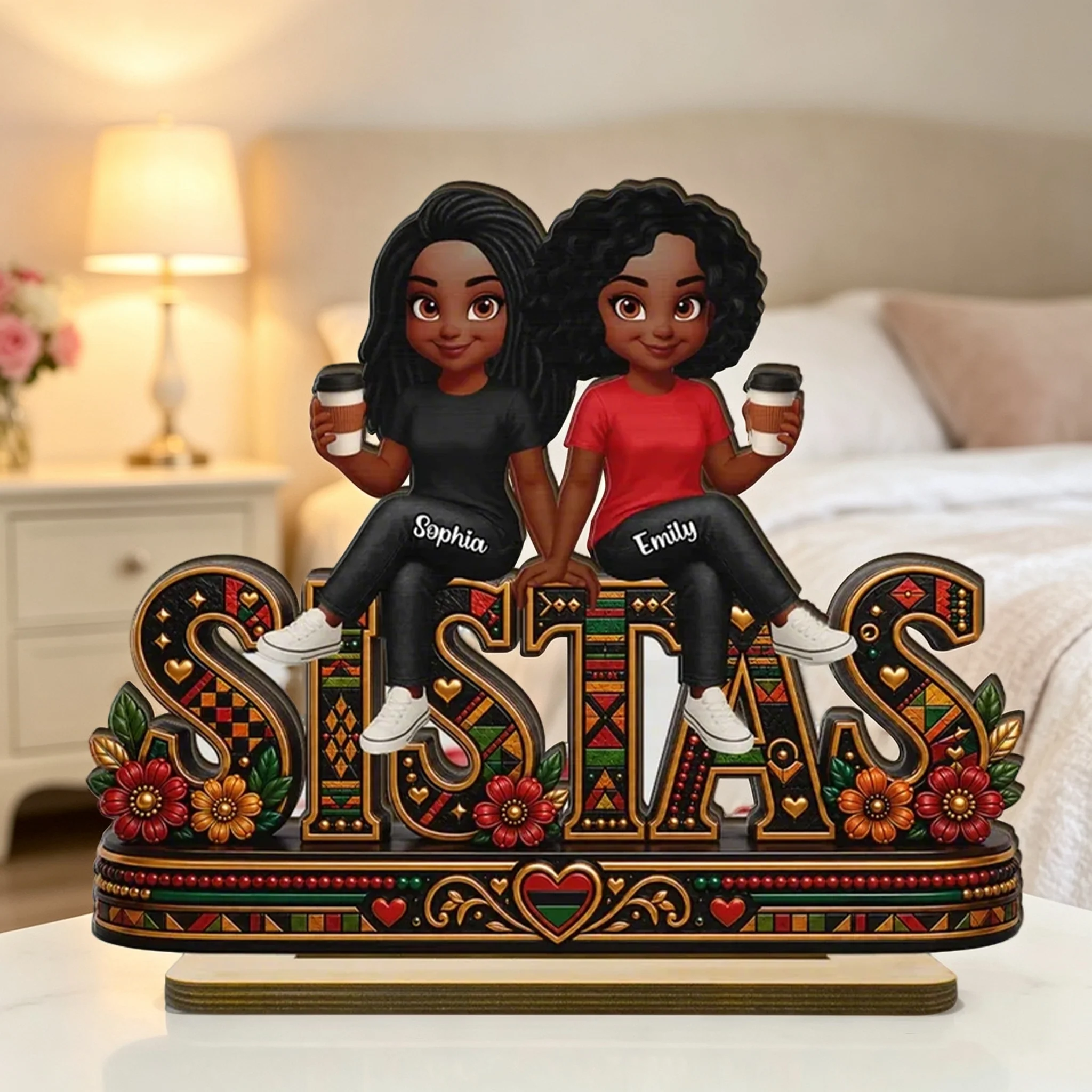 Personalized 2-Layer Wooden Plaque, Sistas Cartoon Display With Coffee Cups, Unique Sister Gift