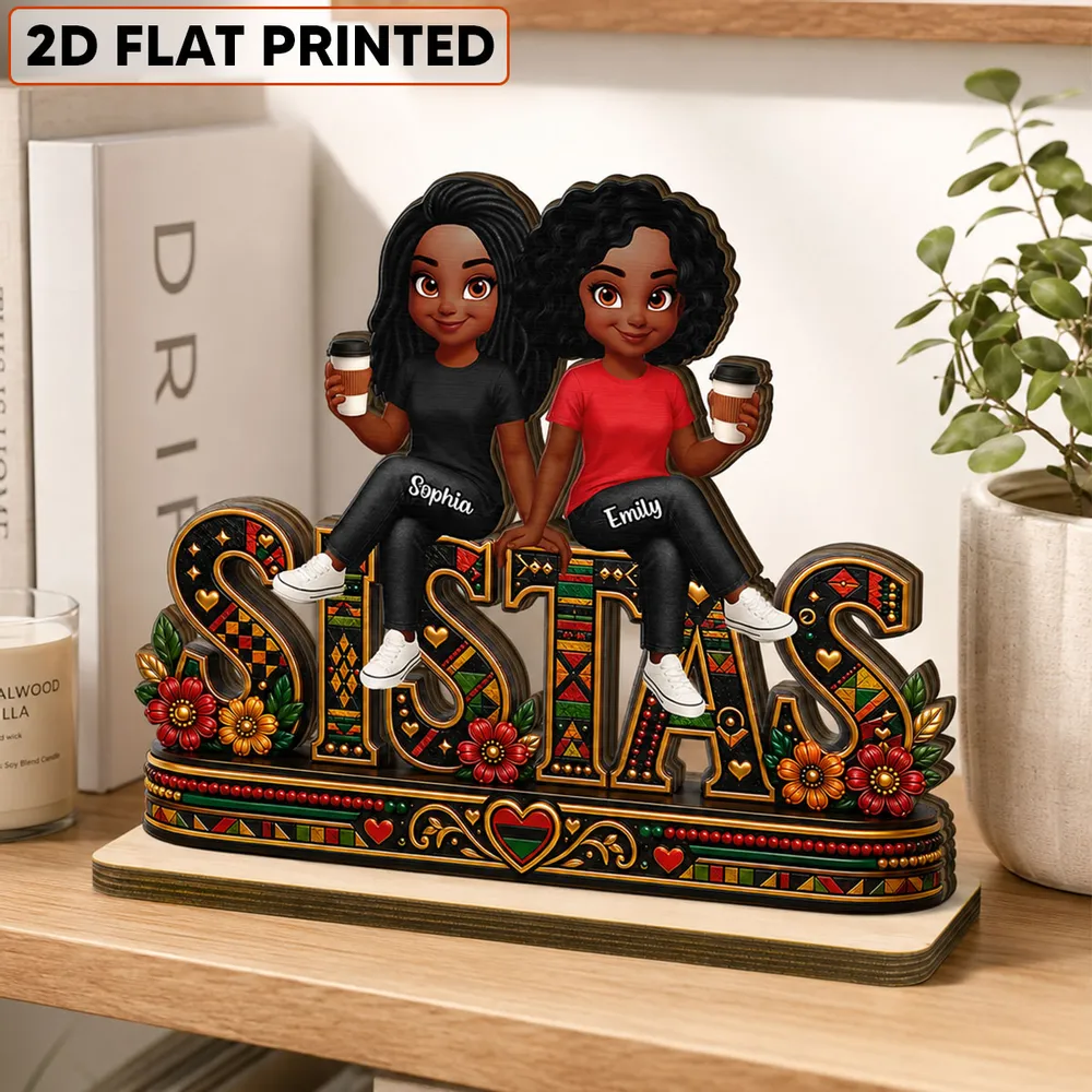 Personalized 2-Layer Wooden Plaque, Sistas Cartoon Display With Coffee Cups, Unique Sister Gift - Image 3
