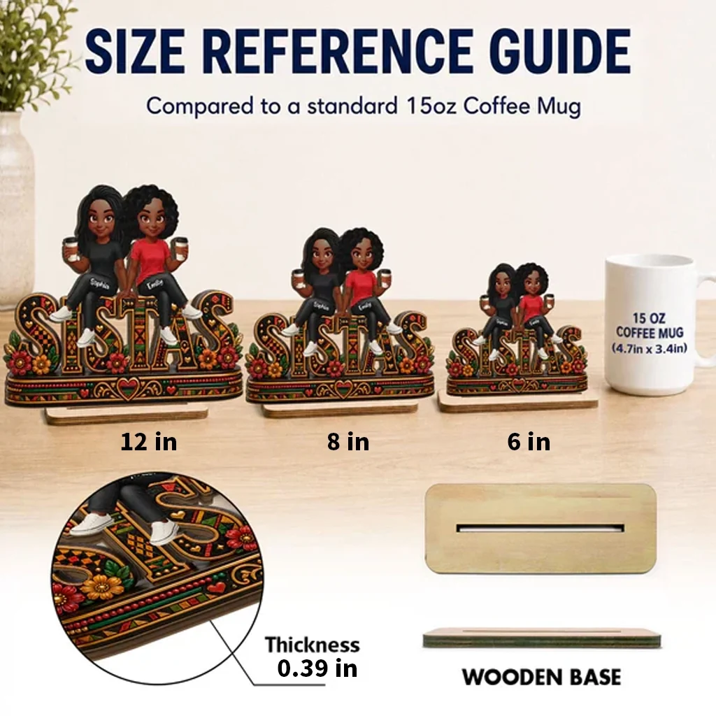 Personalized 2-Layer Wooden Plaque, Sistas Cartoon Display With Coffee Cups, Unique Sister Gift - Image 4