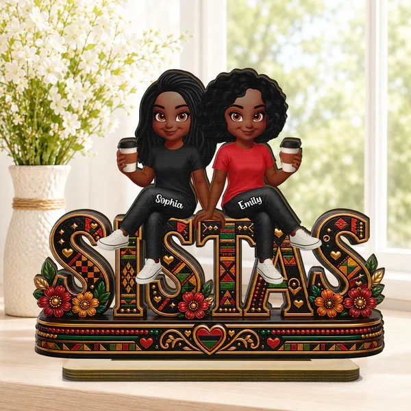 Personalized 2-Layer Wooden Plaque, Sistas Cartoon Display With Coffee Cups, Unique Sister Gift - Image 6