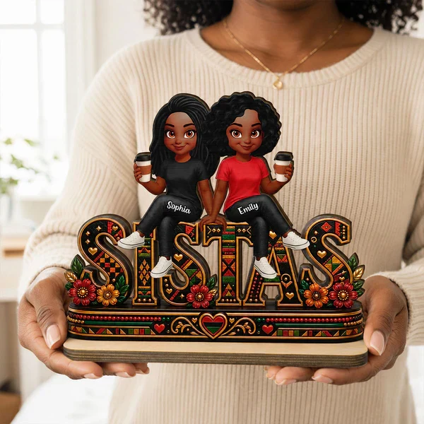 Personalized 2-Layer Wooden Plaque, Sistas Cartoon Display With Coffee Cups, Unique Sister Gift - Image 7