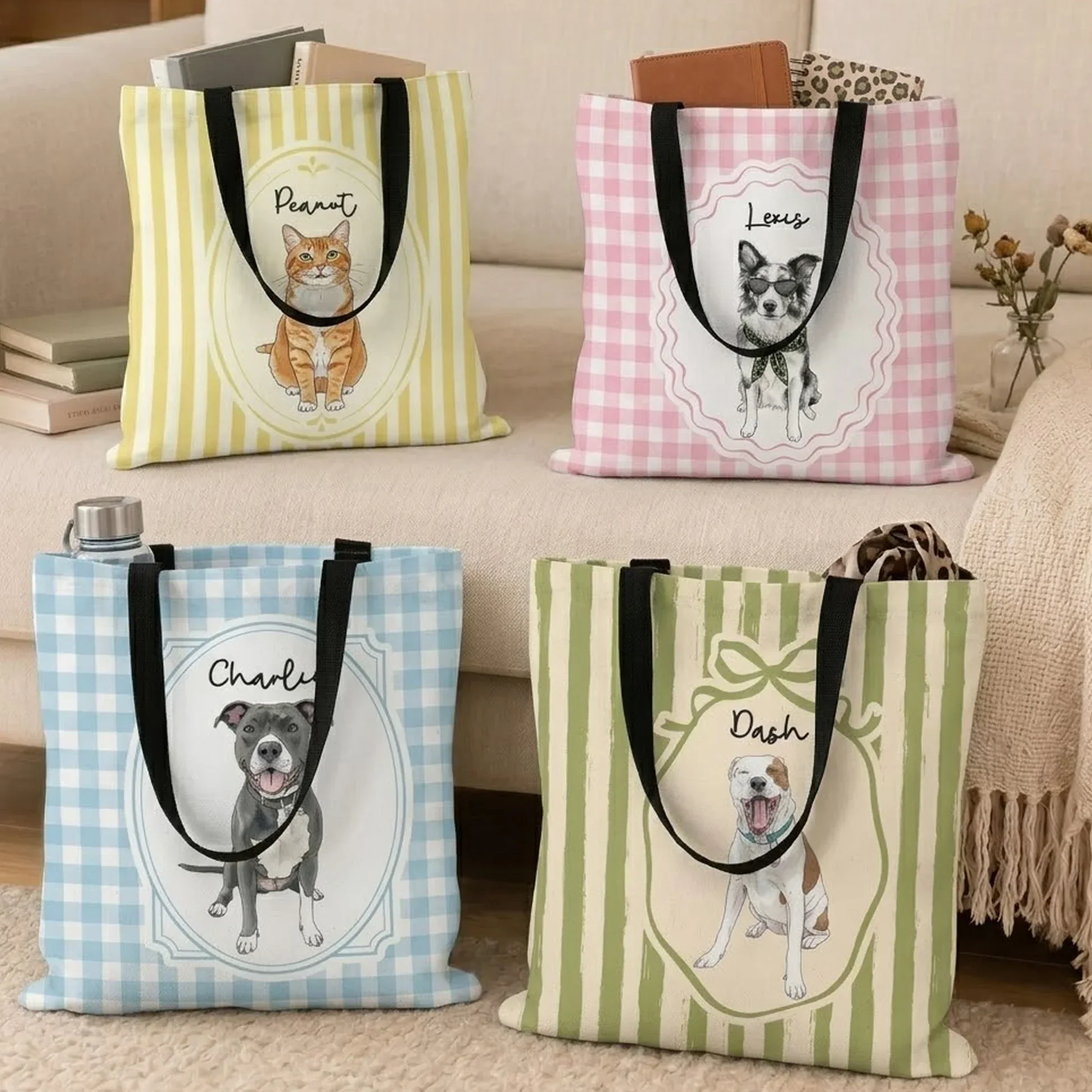 Personalized Pet Portrait Twill Tote Bag, Watercolor Dog & Cat Mom Creative Gift, Pastel Gingham Carryall - Image 2