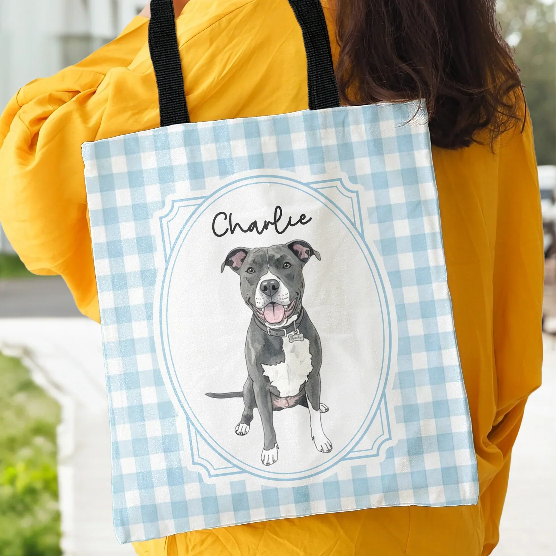 Personalized Pet Portrait Twill Tote Bag, Watercolor Dog & Cat Mom Creative Gift, Pastel Gingham Carryall - Image 7