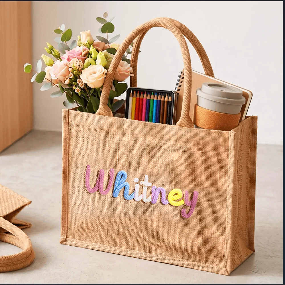 Personalized Crochet Burlap Tote with Colorful Lettering, Creative Gift for Teacher from Student - Image 2