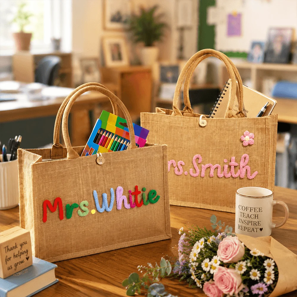 Personalized Crochet Burlap Tote with Colorful Lettering, Creative Gift for Teacher from Student - Image 3