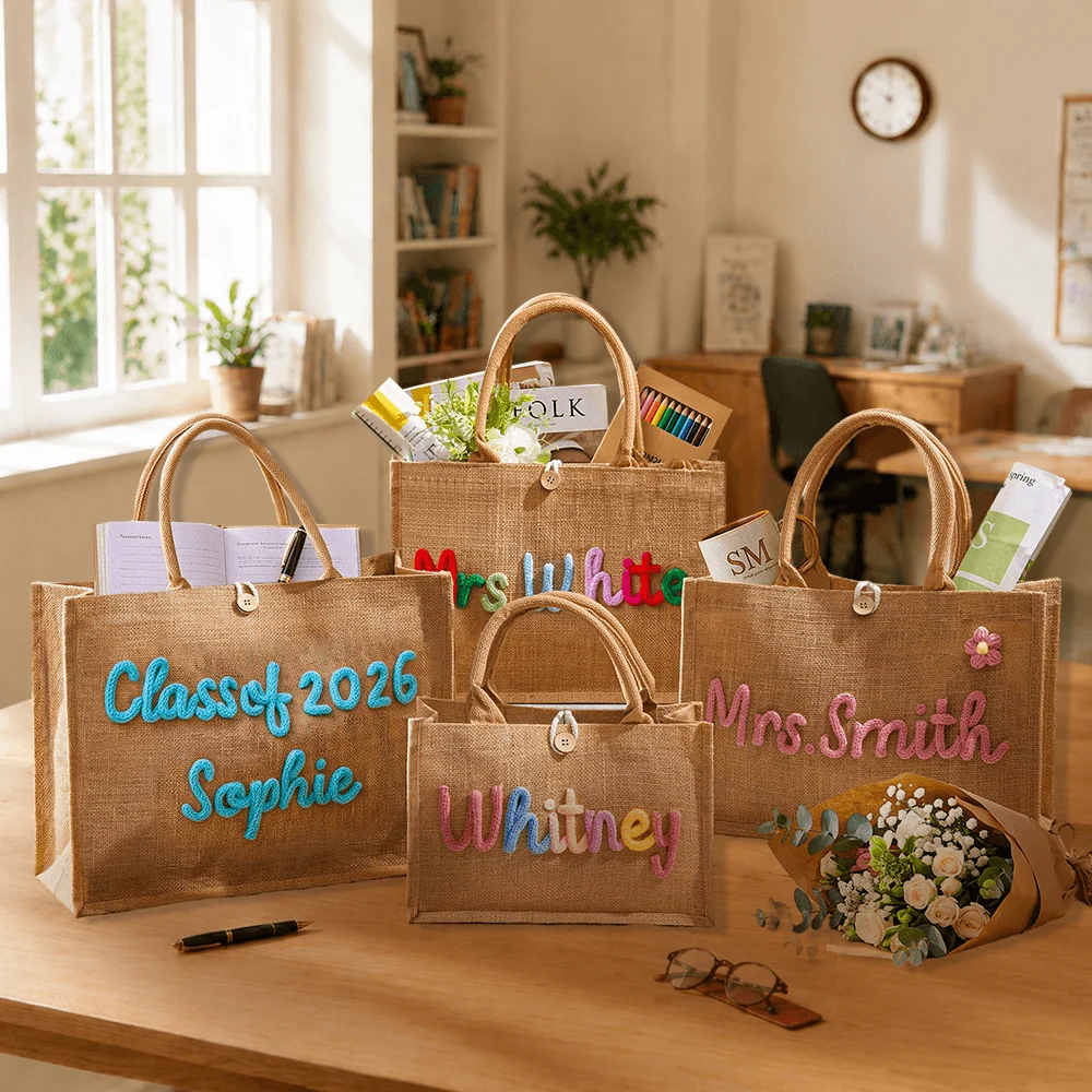 Personalized Crochet Burlap Tote with Colorful Lettering, Creative Gift for Teacher from Student - Image 5