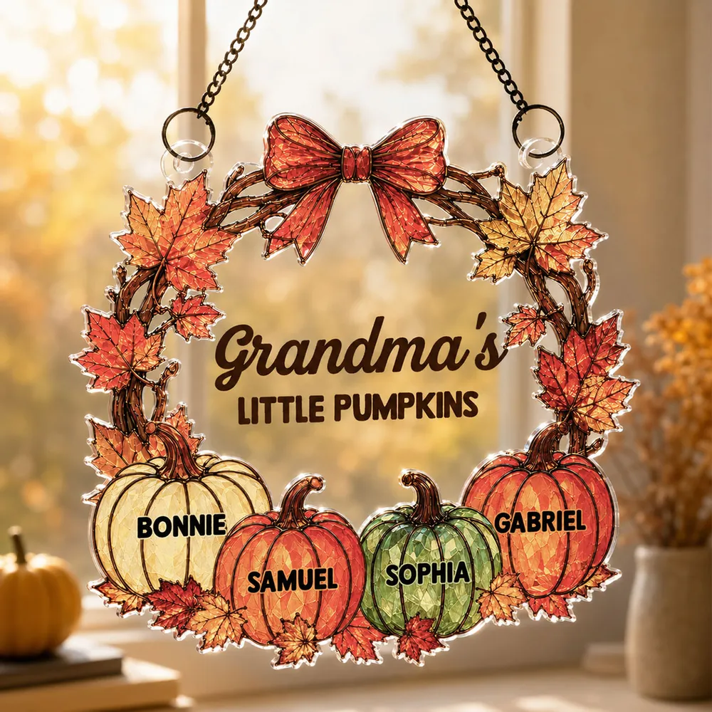 Personalized Acrylic Suncatcher Ornament with Fall Pumpkins, Unique Gift for Grandma's Sunlit Window