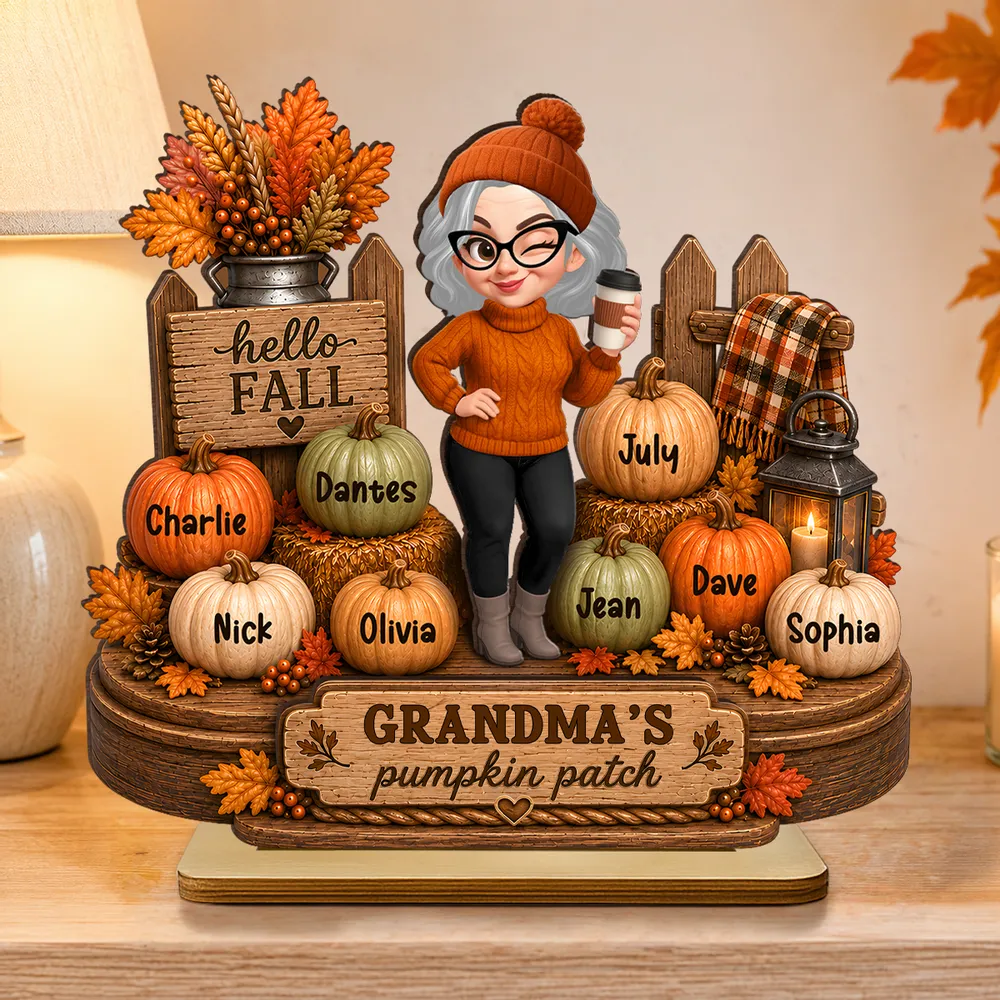 Personalized 2-Layer Wooden Plaque, Grandma Holding Coffee in Fall Pumpkin Patch, Unique Gift for Grandma