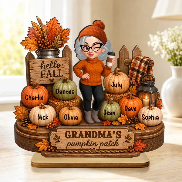 Personalized 2-Layer Wooden Plaque, Grandma Holding Coffee in Fall Pumpkin Patch, Unique Gift for Grandma - Image 10