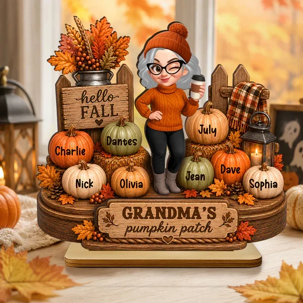 Personalized 2-Layer Wooden Plaque, Grandma Holding Coffee in Fall Pumpkin Patch, Unique Gift for Grandma - Image 3