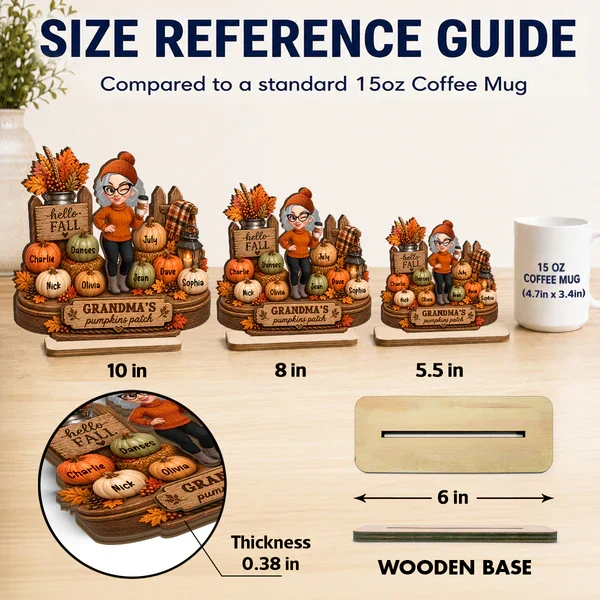 Personalized 2-Layer Wooden Plaque, Grandma Holding Coffee in Fall Pumpkin Patch, Unique Gift for Grandma - Image 4