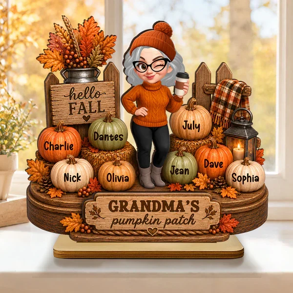 Personalized 2-Layer Wooden Plaque, Grandma Holding Coffee in Fall Pumpkin Patch, Unique Gift for Grandma - Image 6