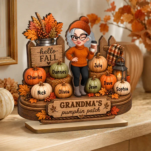 Personalized 2-Layer Wooden Plaque, Grandma Holding Coffee in Fall Pumpkin Patch, Unique Gift for Grandma - Image 7