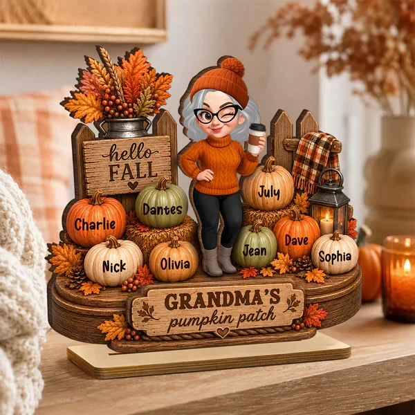 Personalized 2-Layer Wooden Plaque, Grandma Holding Coffee in Fall Pumpkin Patch, Unique Gift for Grandma - Image 9