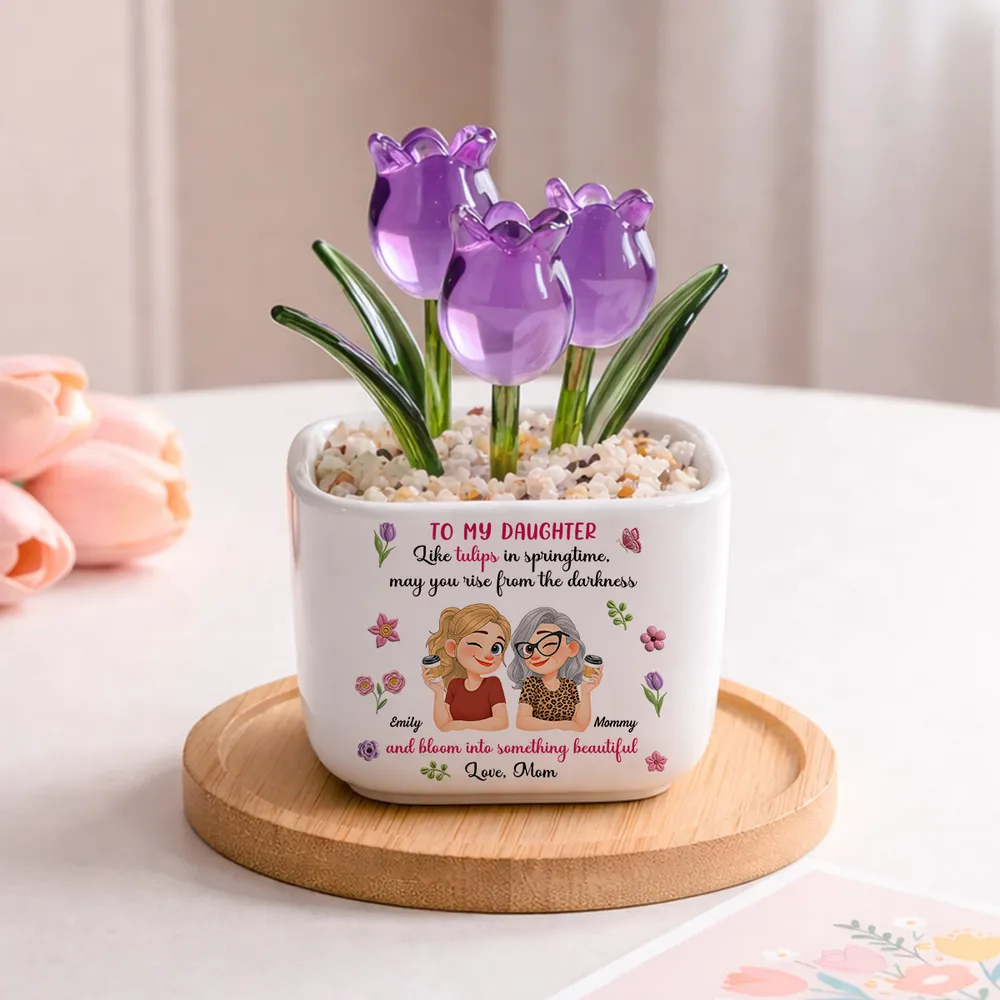 Personalized Square Glass Planter, Purple Tulip Daughter Gift from Mom, Unique Spring Keepsake