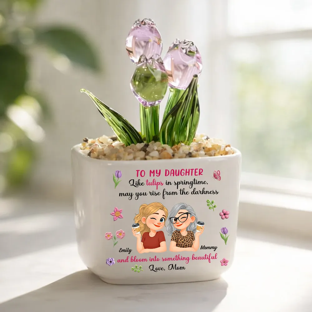 Personalized Square Glass Planter, Purple Tulip Daughter Gift from Mom, Unique Spring Keepsake - Image 2