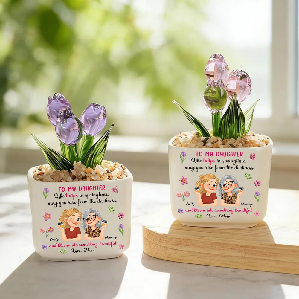 Personalized Square Glass Planter, Purple Tulip Daughter Gift from Mom, Unique Spring Keepsake - Image 3