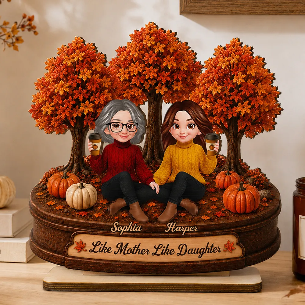2-Layer Wooden Plaque, Autumn Trees & Seated Coffee Scene, Warm Custom Style, Unique Creative Gift