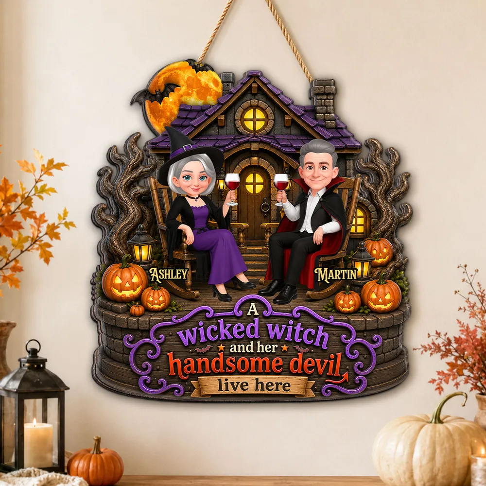 Personalized Wooden Sign, Seated Witch & Devil Haunted House Halloween Decor, Unique Gift For Couple