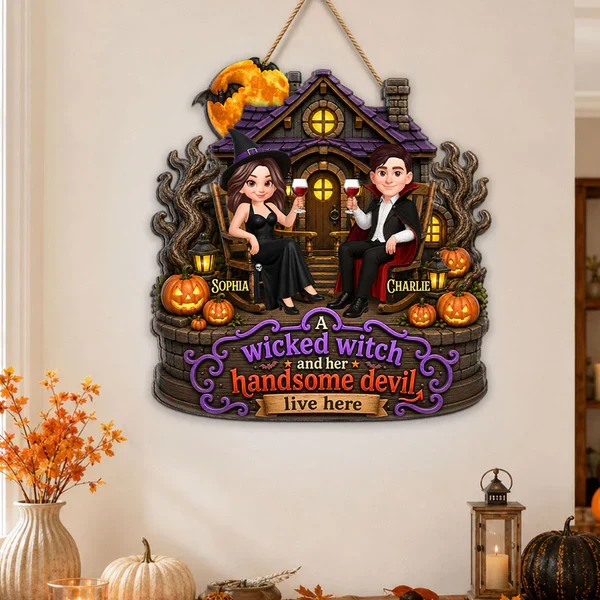 Personalized Wooden Sign, Seated Witch & Devil Haunted House Halloween Decor, Unique Gift For Couple - Image 2