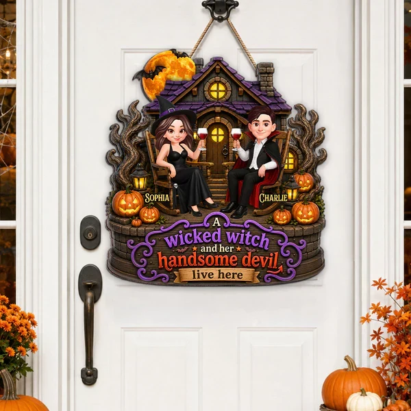 Personalized Wooden Sign, Seated Witch & Devil Haunted House Halloween Decor, Unique Gift For Couple - Image 3