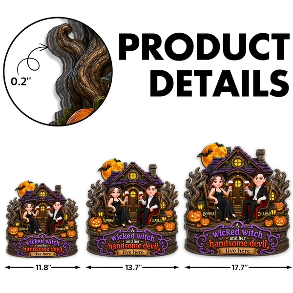 Personalized Wooden Sign, Seated Witch & Devil Haunted House Halloween Decor, Unique Gift For Couple - Image 4