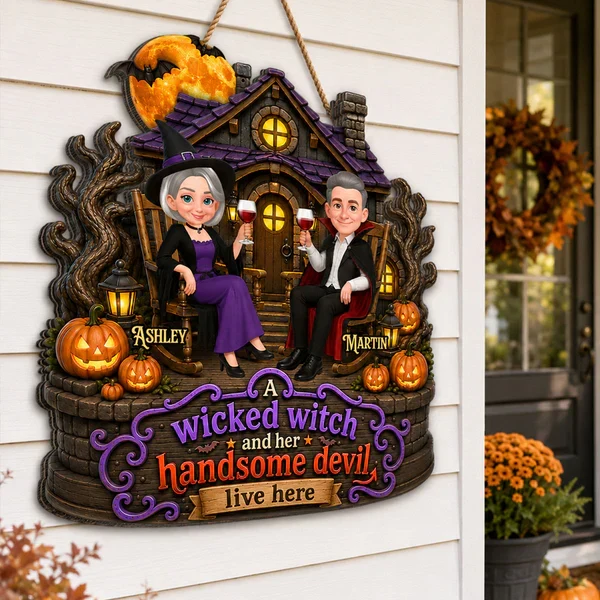 Personalized Wooden Sign, Seated Witch & Devil Haunted House Halloween Decor, Unique Gift For Couple - Image 6