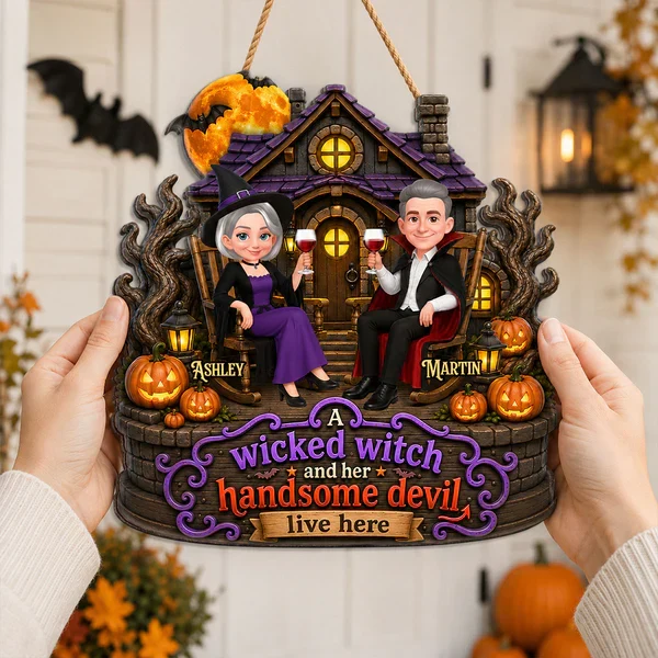 Personalized Wooden Sign, Seated Witch & Devil Haunted House Halloween Decor, Unique Gift For Couple - Image 7