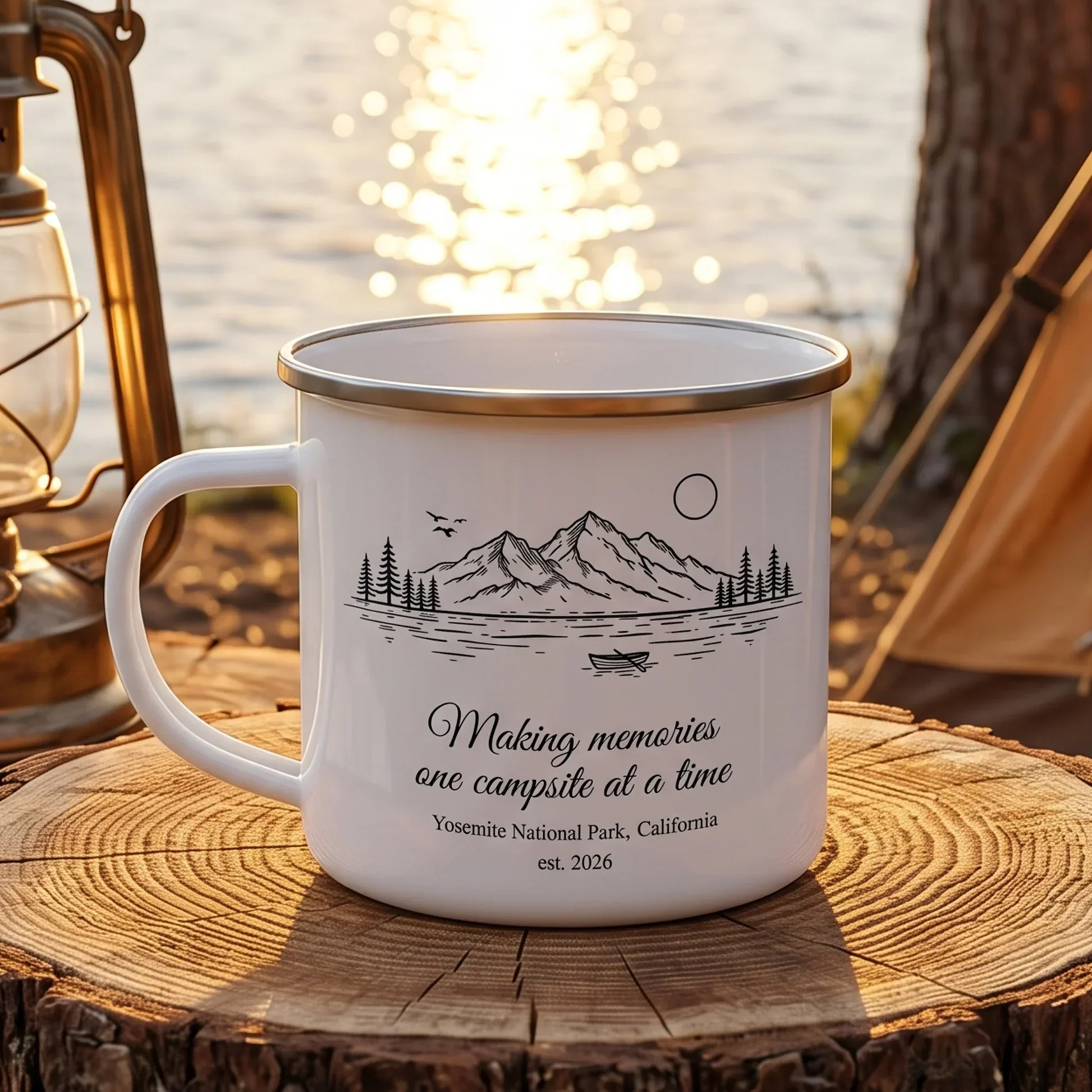 Personalized Enamel Mug, Mountain Camping Scene, Adventure Awaits, Unique Gift for Campers - Image 2