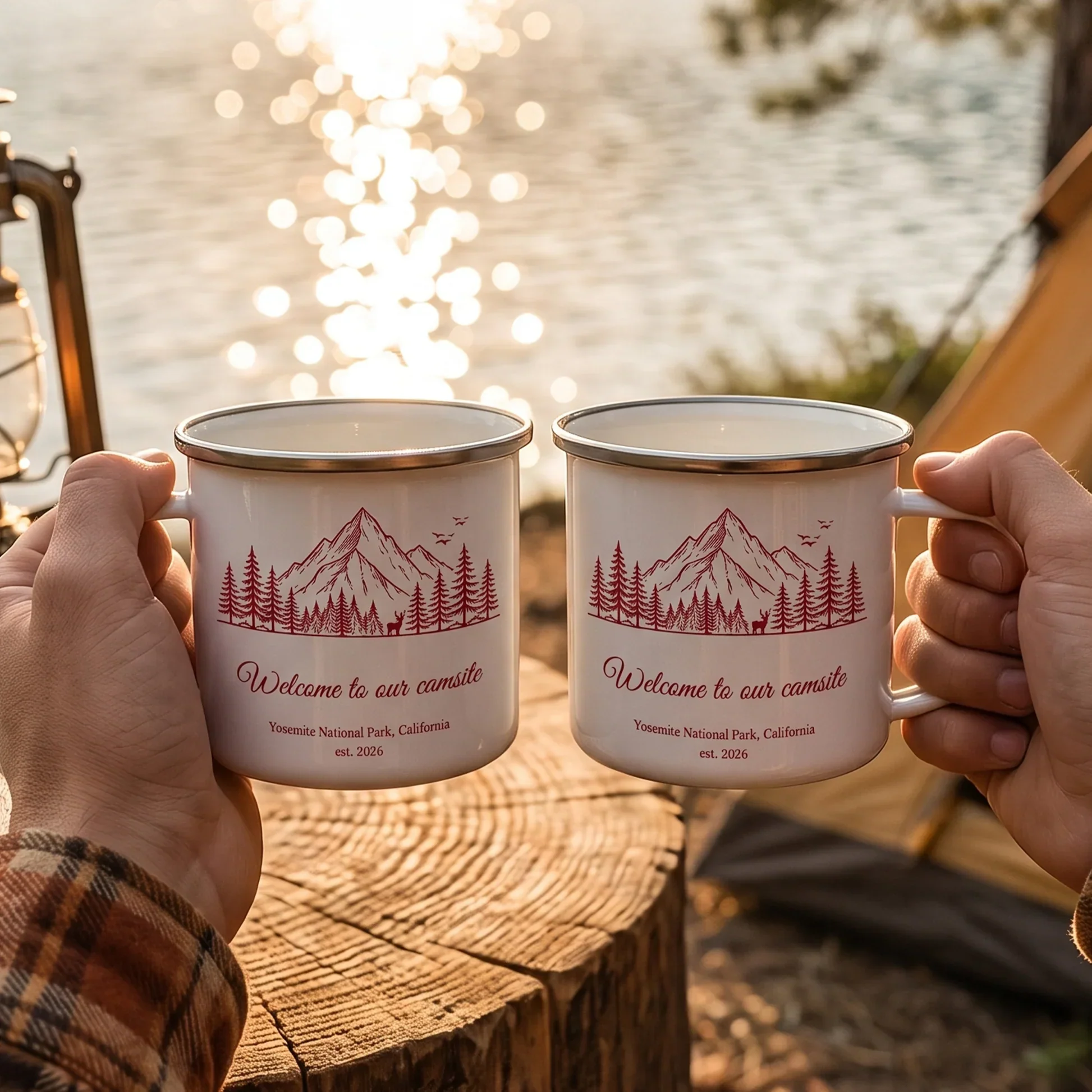 Personalized Enamel Mug, Mountain Camping Scene, Adventure Awaits, Unique Gift for Campers - Image 3