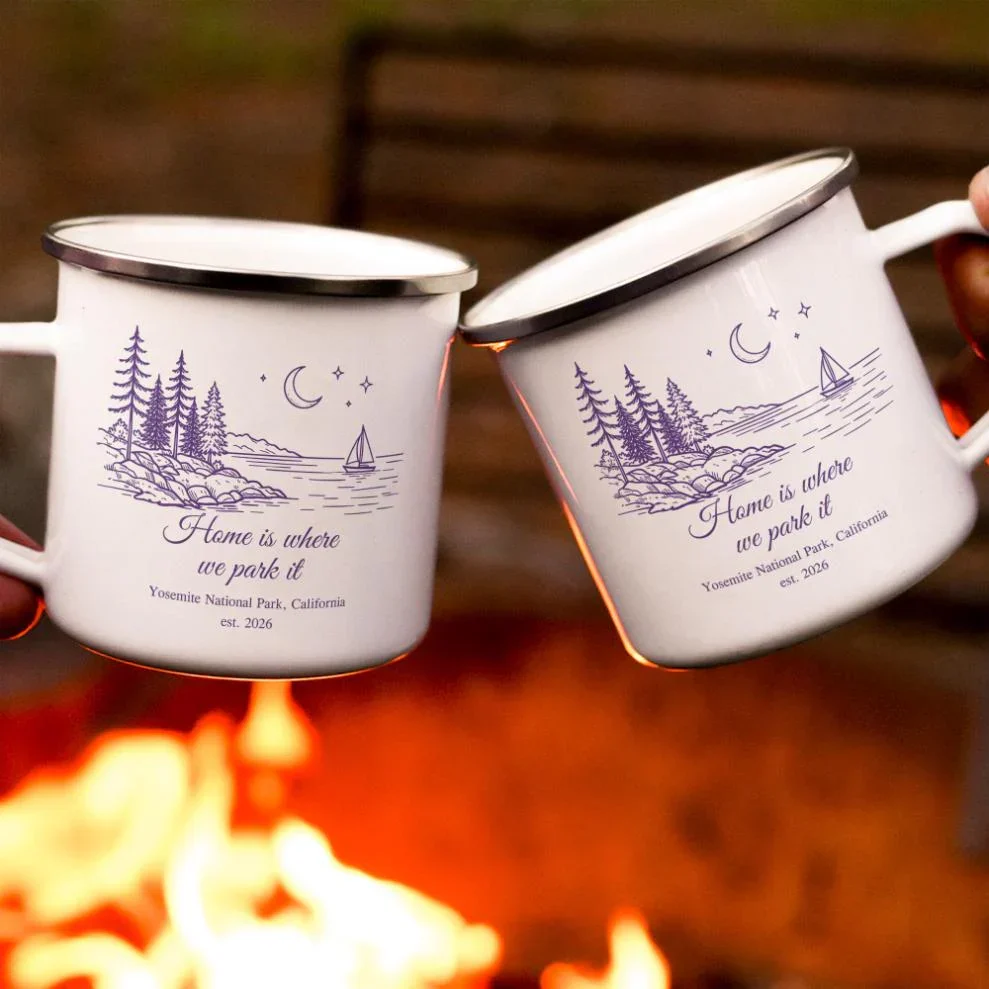 Personalized Enamel Mug, Mountain Camping Scene, Adventure Awaits, Unique Gift for Campers - Image 5