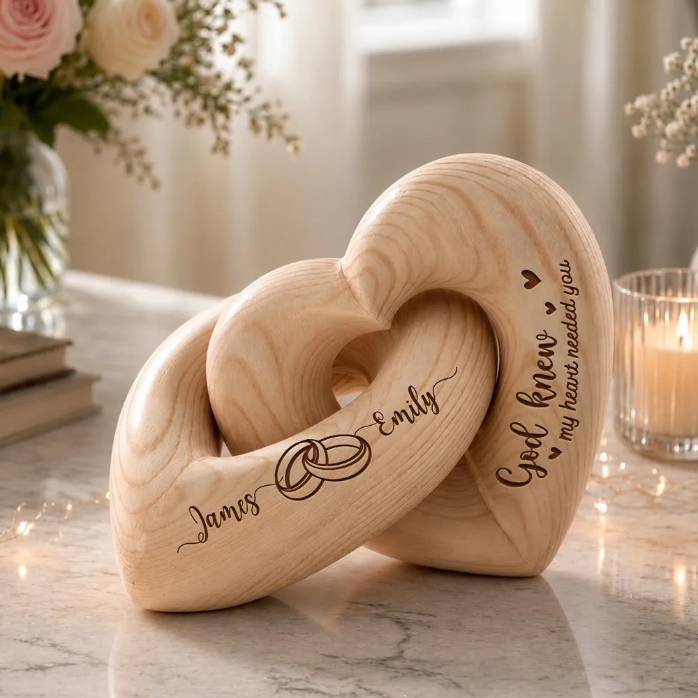 Engraved Infinity Heart Sculpture, Personalized Couple Keepsake with Rings, Unique Gift for Wife or Husband