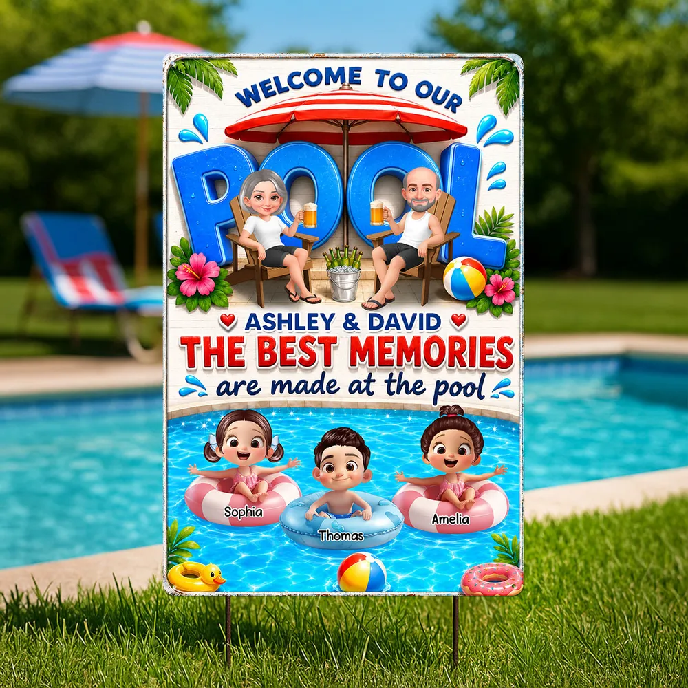 Personalized Rectangular Iron Sign, Cartoon Grandparents & Grandkids Pool Decor, Unique Gift