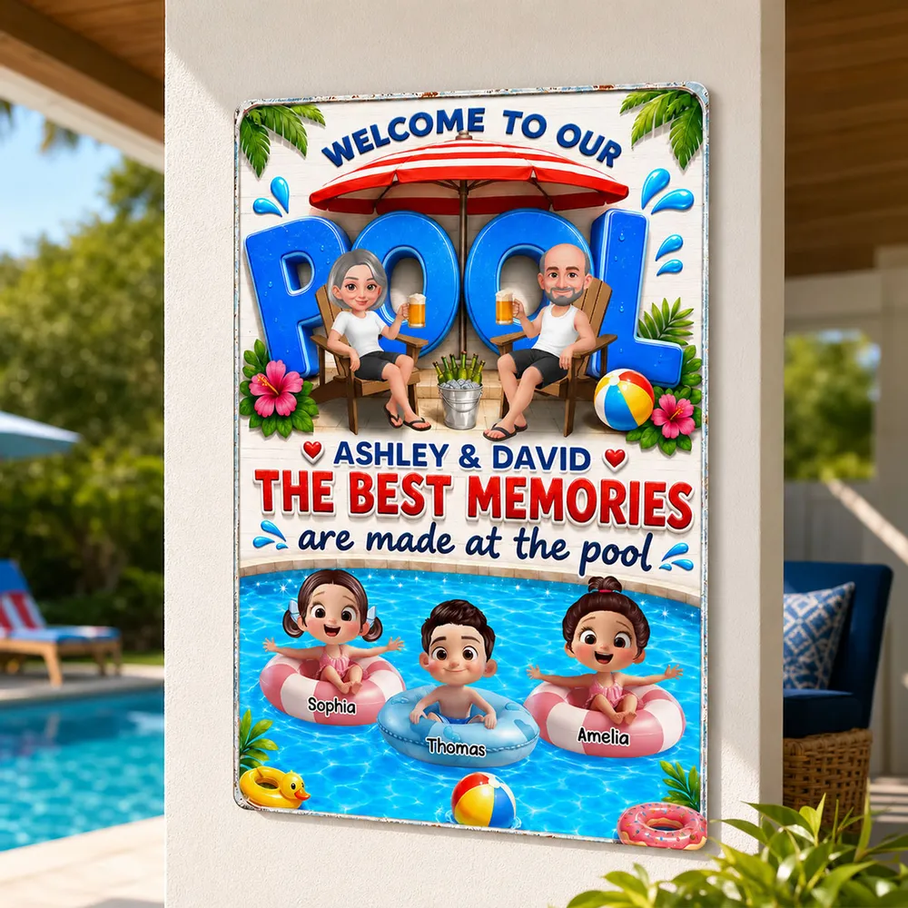 Personalized Rectangular Iron Sign, Cartoon Grandparents & Grandkids Pool Decor, Unique Gift - Image 2